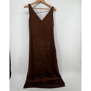Zara Womens Small Choc Brown Satin V-Neck Midi Slip Dress Side Slits Sleeveless